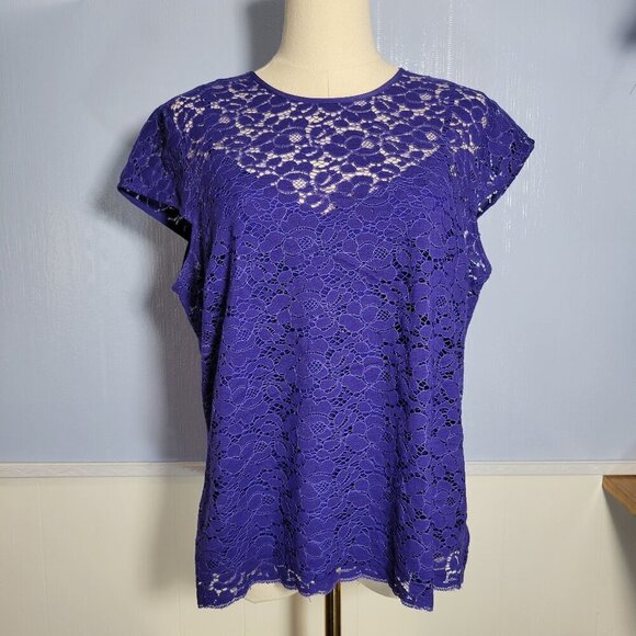 Liz Claiborne Tops - Liz Claiborne Petite Large Blue Lace Overlay Lined Tank Top Cap Sleeve Blouse